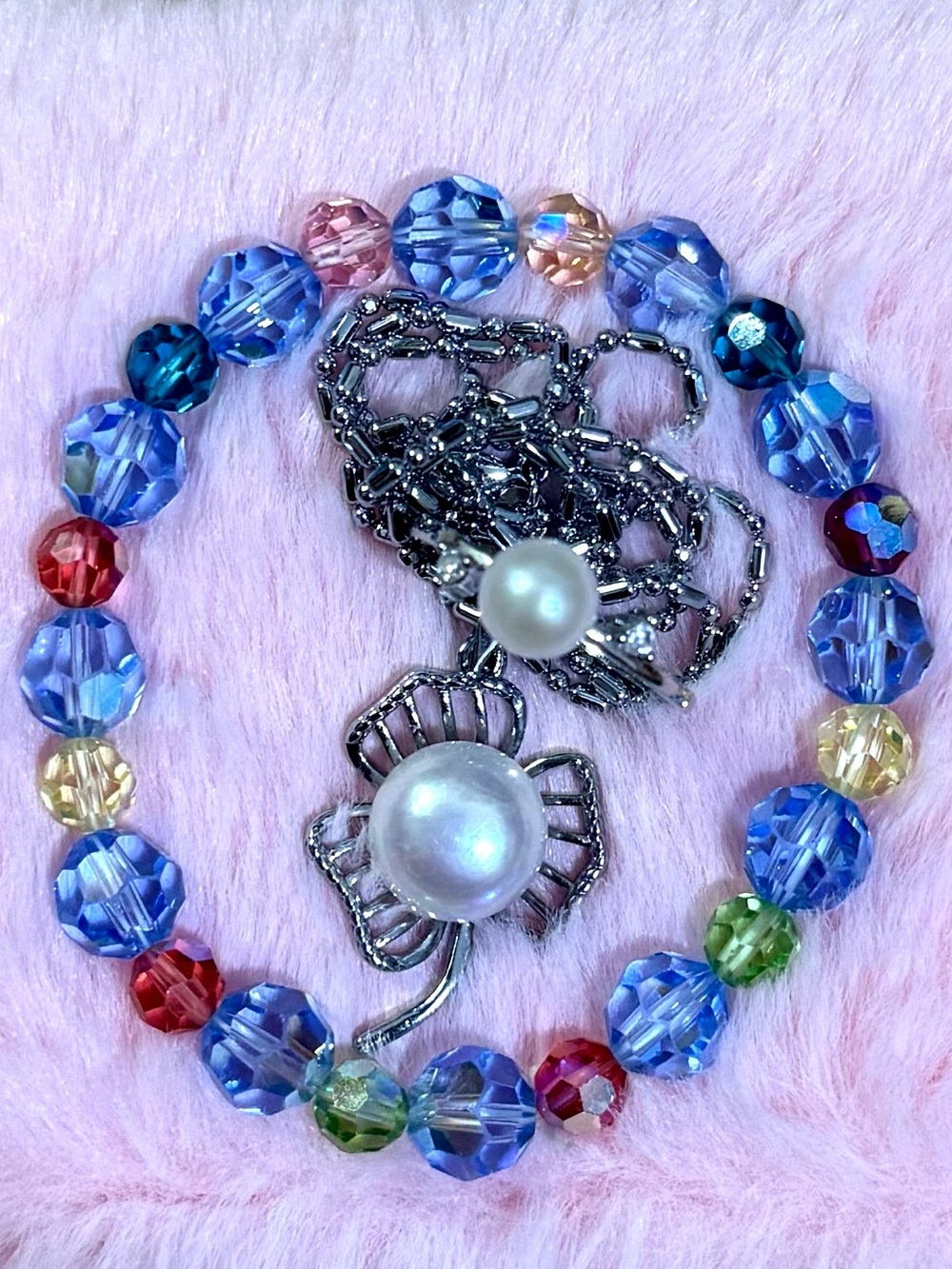 Elegant Sterling Silver White South Sea Pearl Flower Necklace Ring Czech Bracele